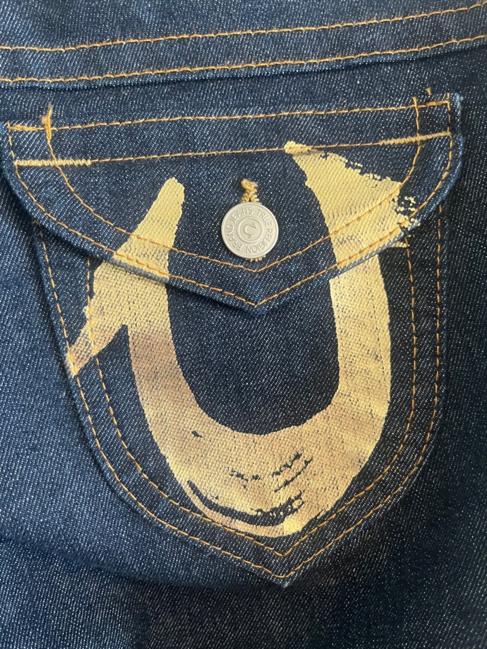 True Religion Dark Blue Flared Jeans with Gold Back Pocket Detail - Picture 3 of 8